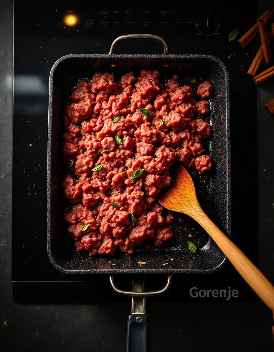 Browning the beef and plant mince for the ragù