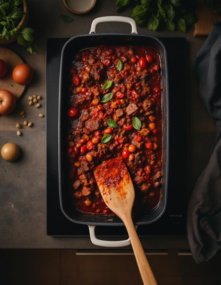 Tomatoes, passata and stock going into the ragù