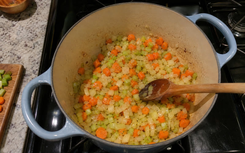 Onion, carrot and garlic softening for the soup base