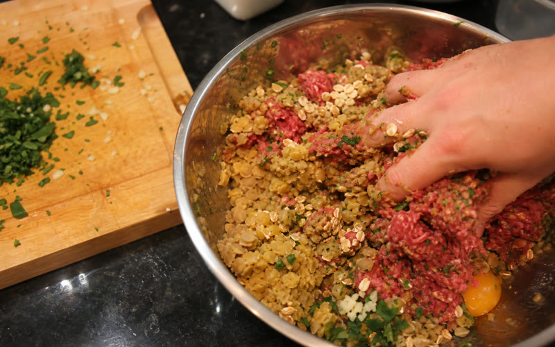 Lentils, oats, beef, egg and herbs ready to mix