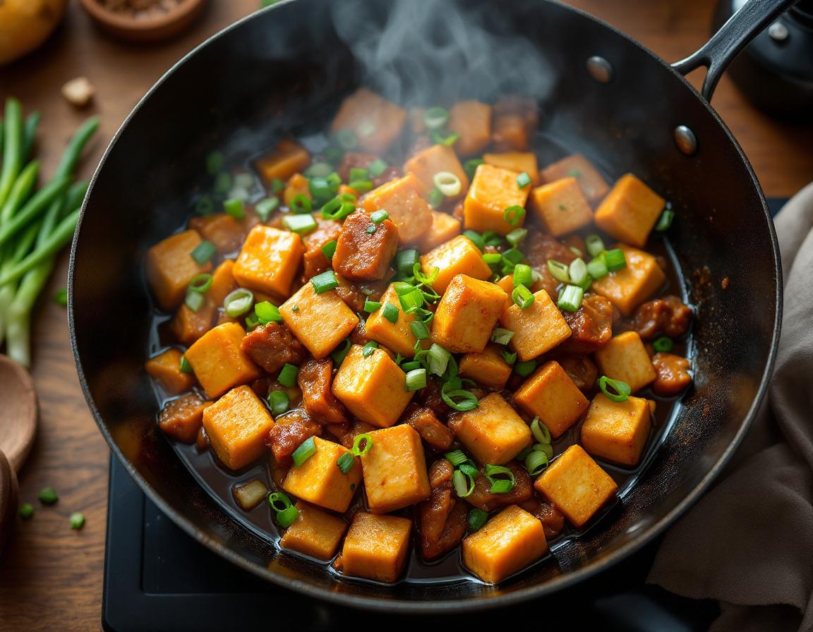 Finished dish — tofu and pork in sticky glaze