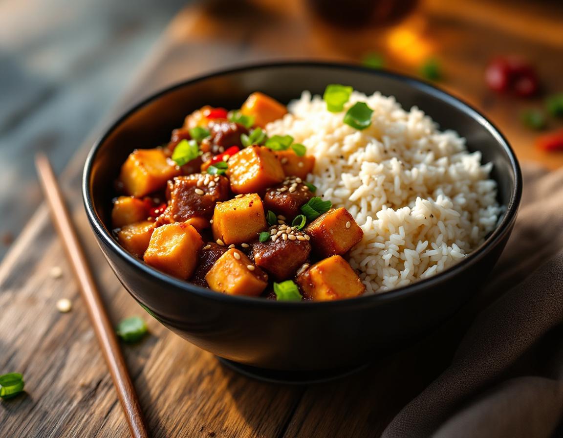 Served over rice in a ceramic bowl