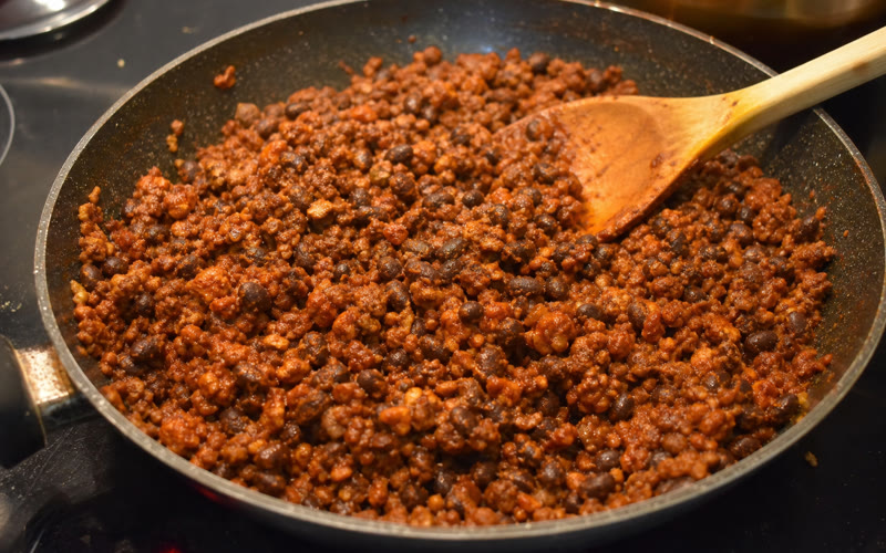 Black beans and TVP going into the browned beef
